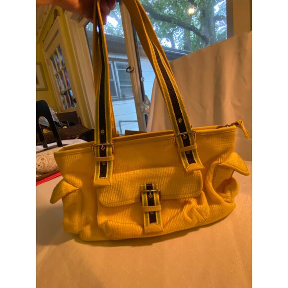 The Sak Lemon Yellow Purse / Handbag w/ Navy & Lime Accent Stripes 7 x 14 in. - Picture 3 of 8